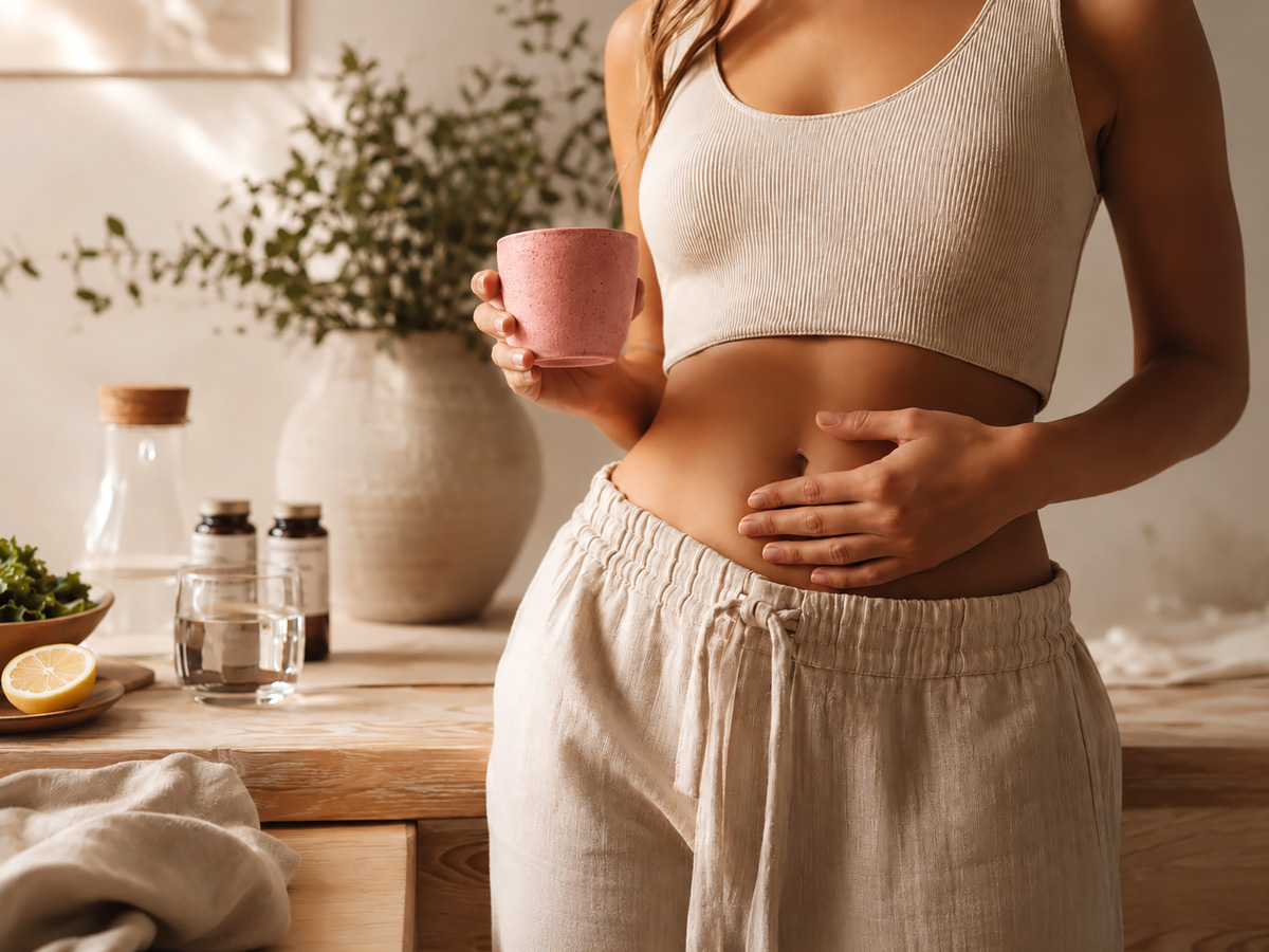 Vrouw met een hand op haar buik en een roze mok tijdens een rustig moment rondom darmgezondheid en leefstijl